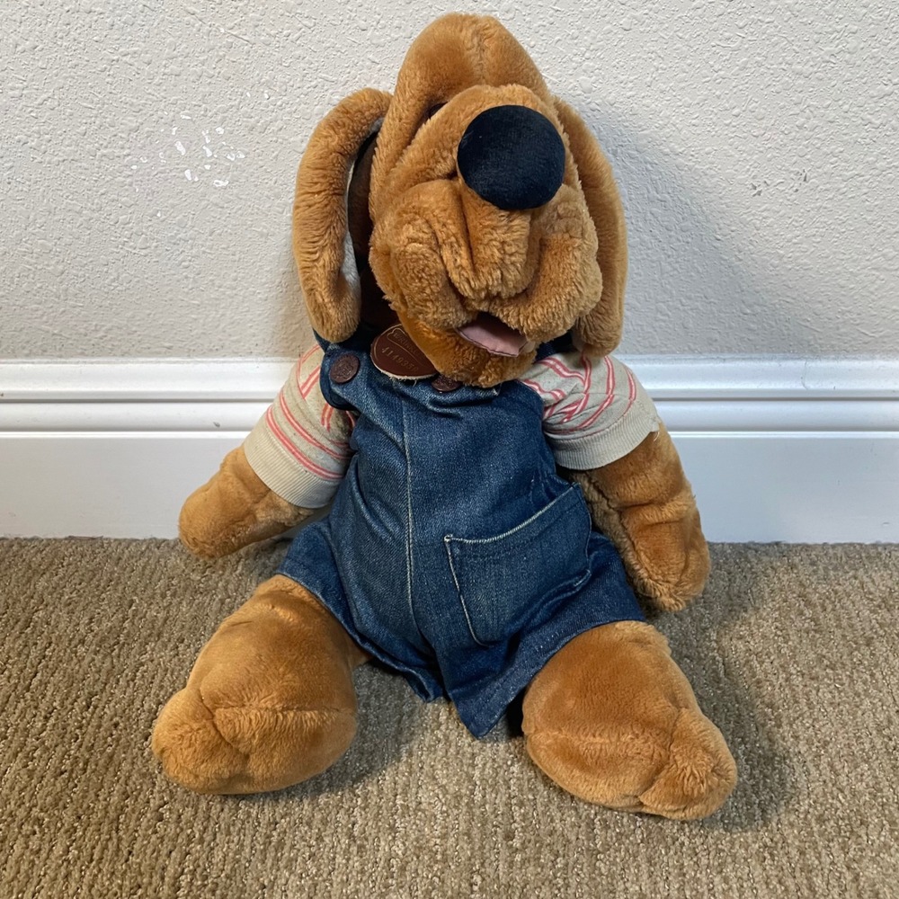 Wrinkles Dog Plush Puppet Vintage Brown Denim Overalls 15 Inch Toy